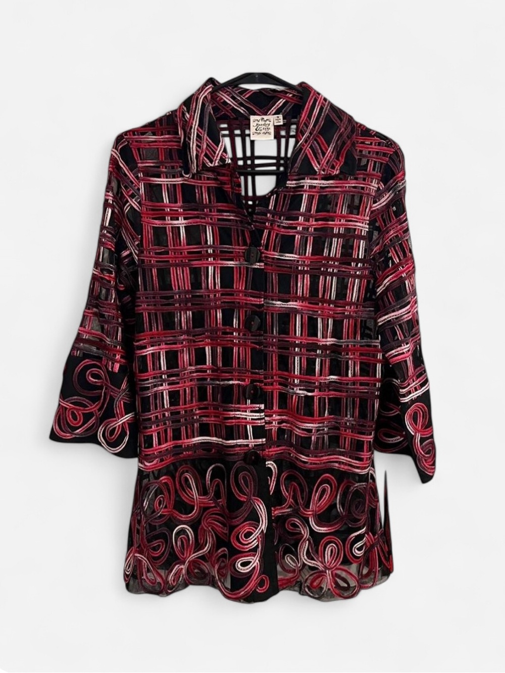 Parsley & Sage Sheer Button Front Tunic Blouse with Ombré Plaid + Swirl Design
